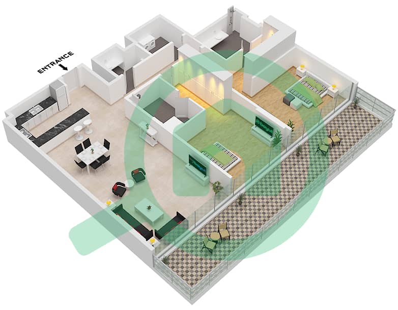 Serenia Living Tower 1 - 2 Bedroom Apartment Type 2-A Floor plan Type 2-A Floor-2,4,6,8,10,12,14 interactive3D