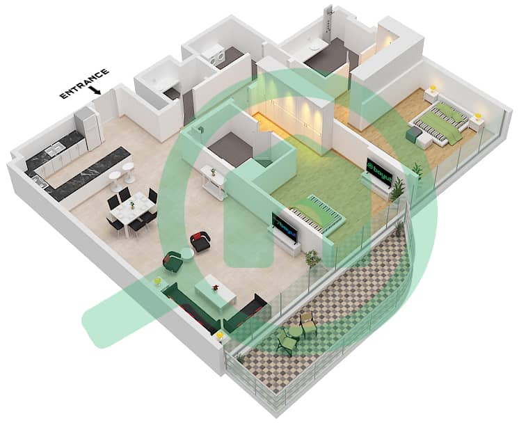 Serenia Living Tower 1 - 2 Bedroom Apartment Type 2-B Floor plan Type 2-B Floor-3,5,7,9,11,13,15 interactive3D