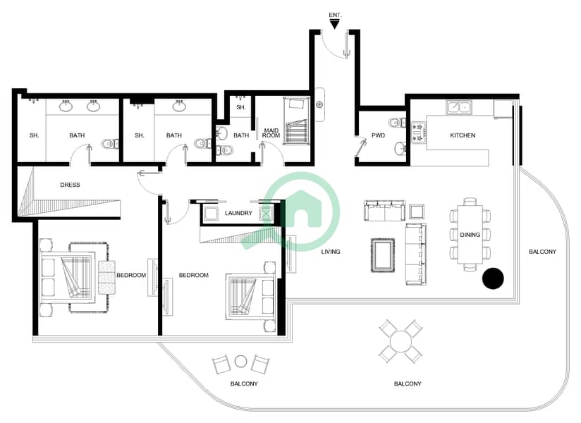 Serenia Living Tower 1 - 2 Bedroom Apartment Type 5-B Floor plan Type 5-B Floor-3,5,7,9,11,13,15 interactive3D