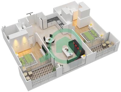 المخططات الطابقية لتصميم الوحدة 4 FLOOR 16-32,34-50 شقة 2 غرفة نوم - فيدا زعبيل