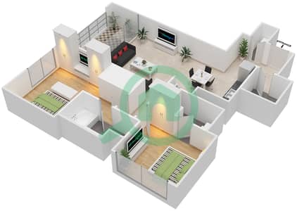 المخططات الطابقية لتصميم الوحدة 9 FLOOR 16-34 شقة 2 غرفة نوم - فيدا زعبيل