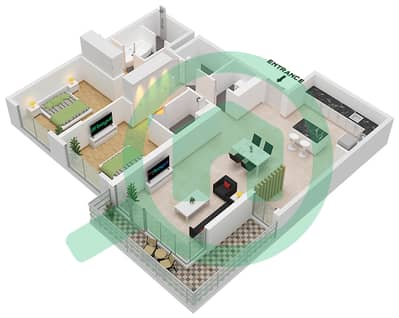 المخططات الطابقية لتصميم النموذج B شقة 2 غرفة نوم - كيو جاردنز بوتيك ريزيدنسيز