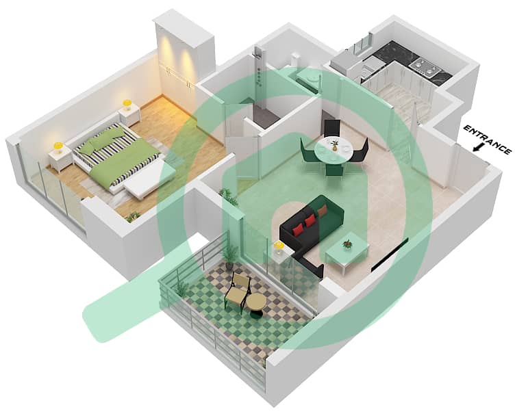 المخططات الطابقية لتصميم الوحدة 2 شقة 1 غرفة نوم - إمباير ريزيدنس Unit 2 interactive3D