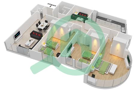 المخططات الطابقية لتصميم الوحدة 3 شقة 3 غرف نوم - برج الندى