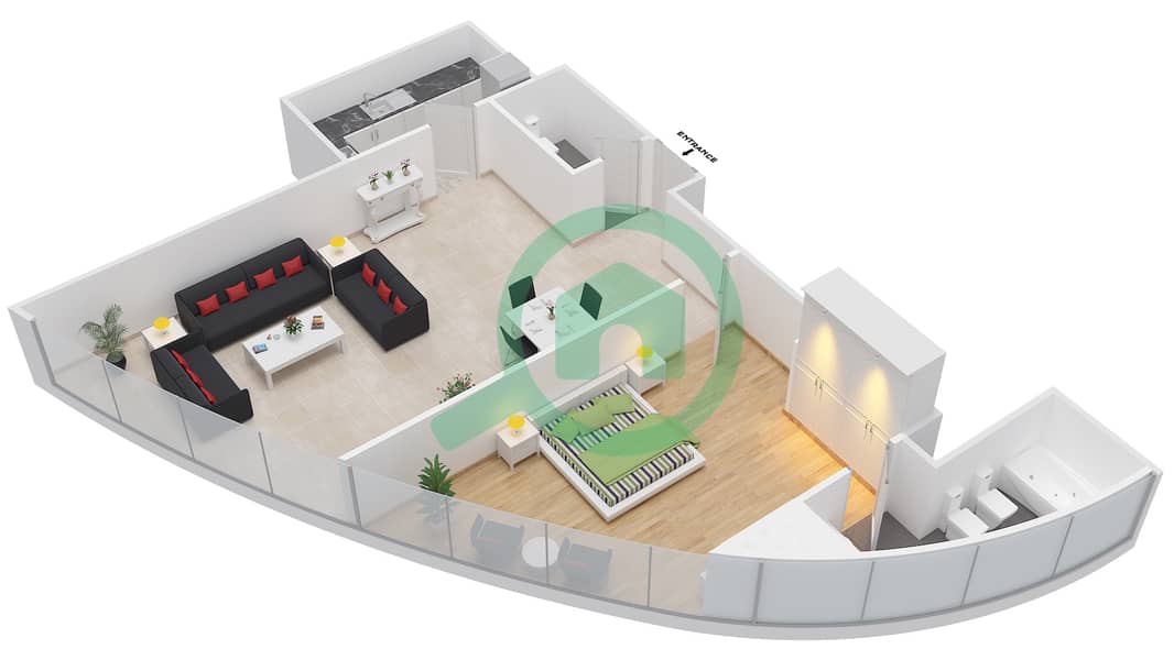 С4 Тауэр - Апартамент 1 Спальня планировка Тип 1 Unit 6 image3D