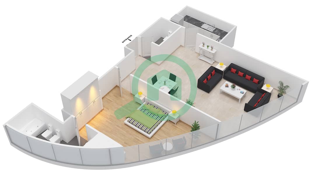 C4 Tower - 1 Bedroom Apartment Type 1B Floor plan image3D