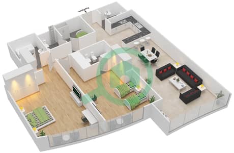 المخططات الطابقية لتصميم النموذج 3 شقة 2 غرفة نوم - برج C4