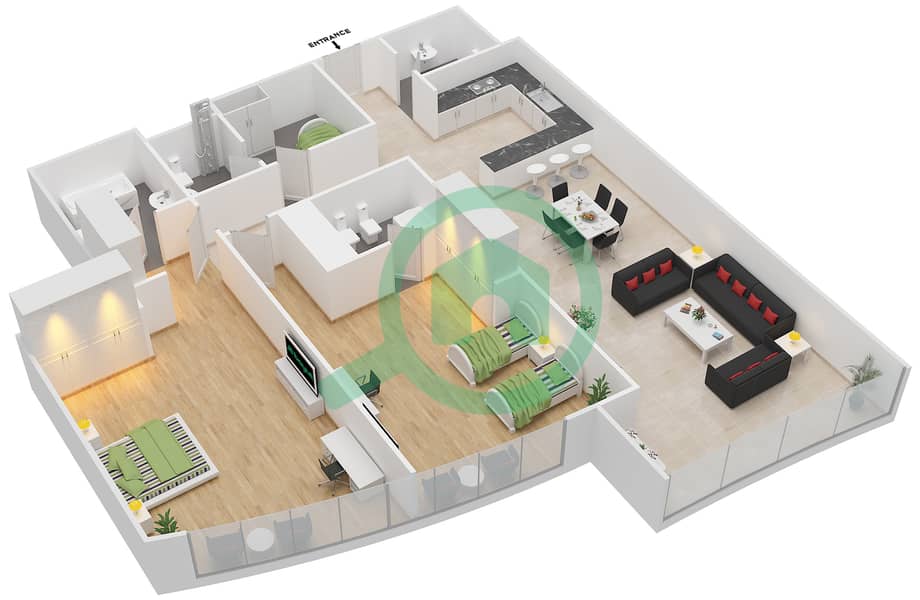 С4 Тауэр - Апартамент 2 Cпальни планировка Тип 3 image3D