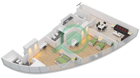 المخططات الطابقية لتصميم النموذج 4 شقة 2 غرفة نوم - برج C4