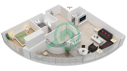 المخططات الطابقية لتصميم النموذج 5 شقة 1 غرفة نوم - بيتش تاور A
