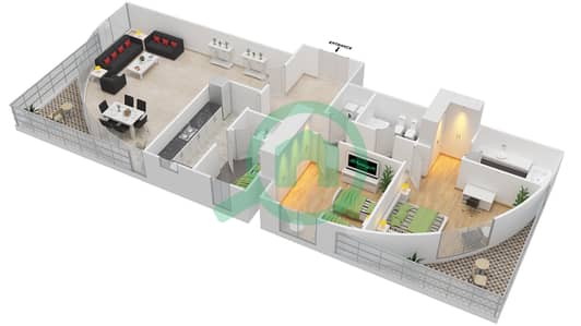المخططات الطابقية لتصميم النموذج 4 شقة 2 غرفة نوم - بيتش تاور A