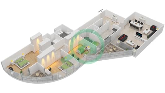 المخططات الطابقية لتصميم النموذج 1 شقة 3 غرف نوم - بيتش تاور A