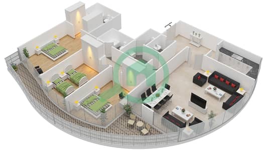 المخططات الطابقية لتصميم النموذج 2 شقة 3 غرف نوم - بيتش تاور A