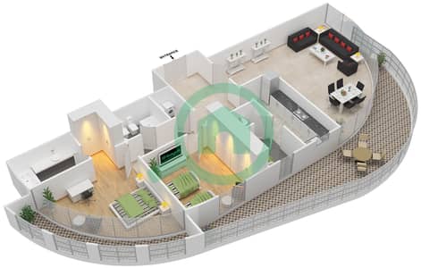 المخططات الطابقية لتصميم النموذج 4 شقة 2 غرفة نوم - بيتش تاور B