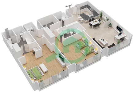 المخططات الطابقية لتصميم النموذج T-1 شقة 2 غرفة نوم - فيرمونت المارينا ريزيدنس