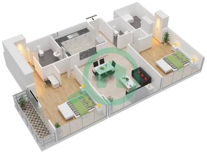 المخططات الطابقية لتصميم النموذج B شقة 2 غرفة نوم - شقق أريج