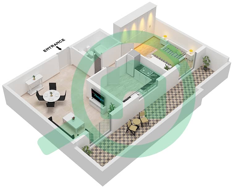 钻石景观II号大楼 - 1 卧室公寓类型C戶型图 Type C interactive3D