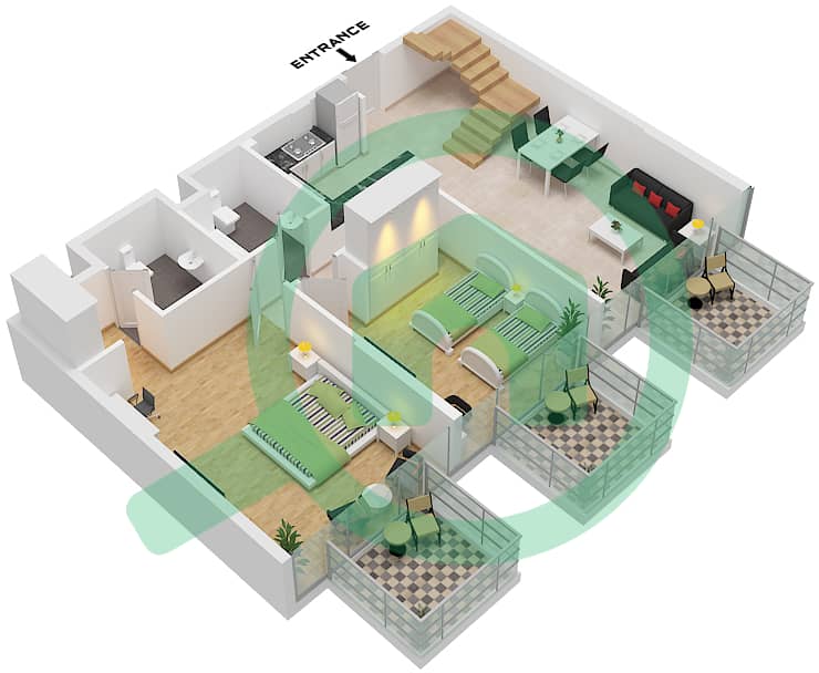 Type B, Floor Lower 12 Samia Azizi - 2 Bedroom Apartment Type B Floor plan Type B, Floor Lower 12 interactive3D