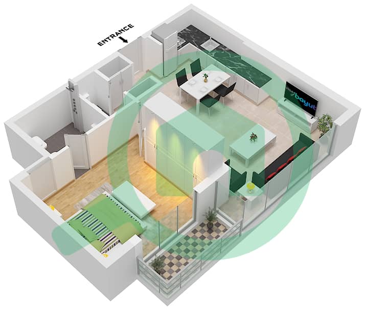 المخططات الطابقية لتصميم الوحدة 5-2-17 شقة 1 غرفة نوم - رقم (٩) Unit 5-2-17 interactive3D
