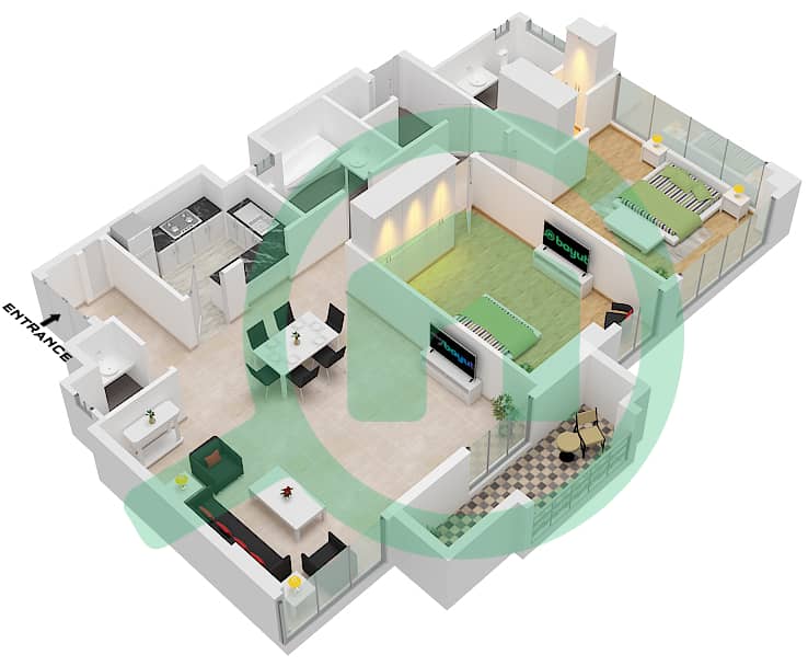 المخططات الطابقية لتصميم الوحدة 01 FLOOR 43 شقة 2 غرفة نوم - رمال 1 Unit 01 Floor 43 interactive3D