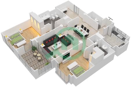 المخططات الطابقية لتصميم الوحدة 5214 شقة 2 غرفة نوم - عطارين