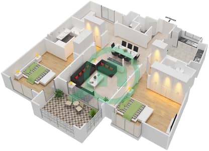 المخططات الطابقية لتصميم الوحدة 5217 شقة 2 غرفة نوم - عطارين