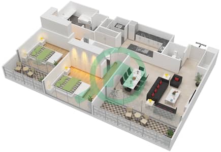 المخططات الطابقية لتصميم النموذج 2A شقة 2 غرفة نوم - المها 1