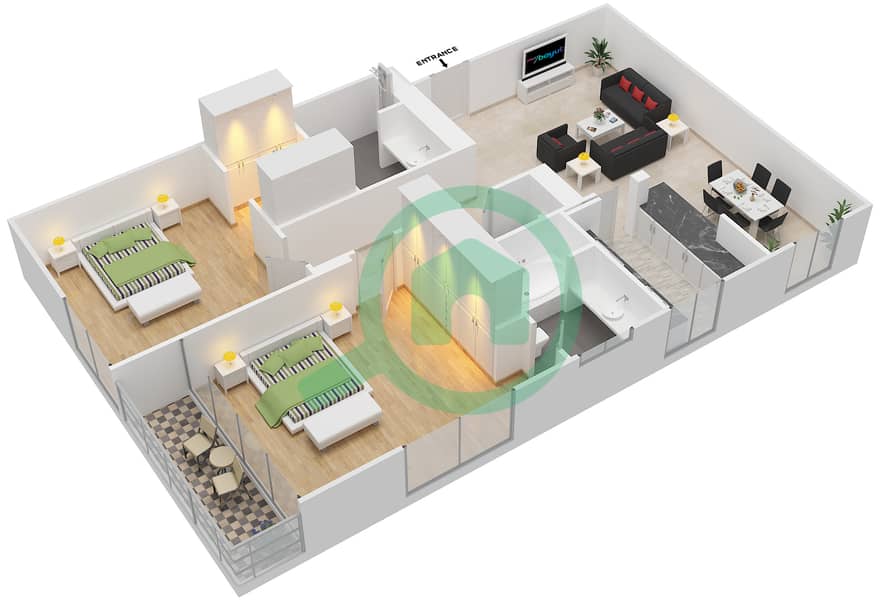 Галереи - Апартамент 2 Cпальни планировка Единица измерения 106,206,306 image3D