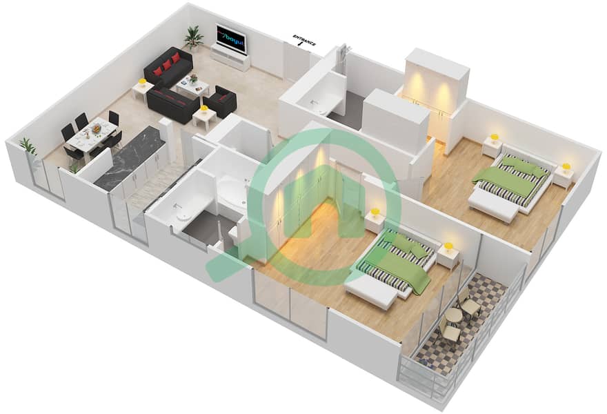 Галереи - Апартамент 2 Cпальни планировка Единица измерения 110,210,310 image3D