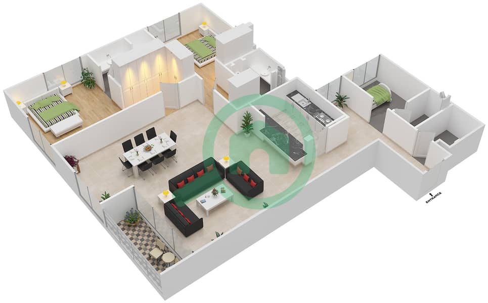 The Galleries - 2 Bedroom Apartment Unit 103,203,303 Floor plan image3D