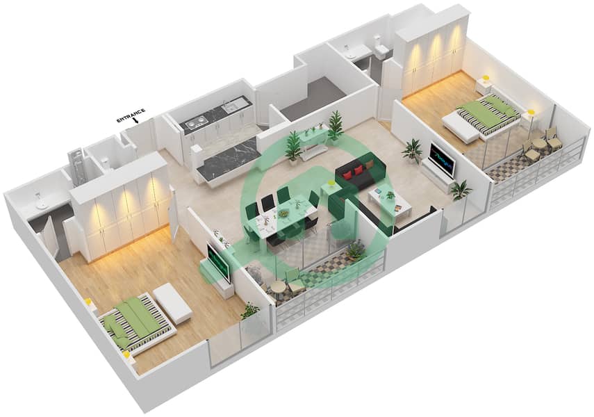 Галереи - Апартамент 2 Cпальни планировка Единица измерения 107,207,307 image3D