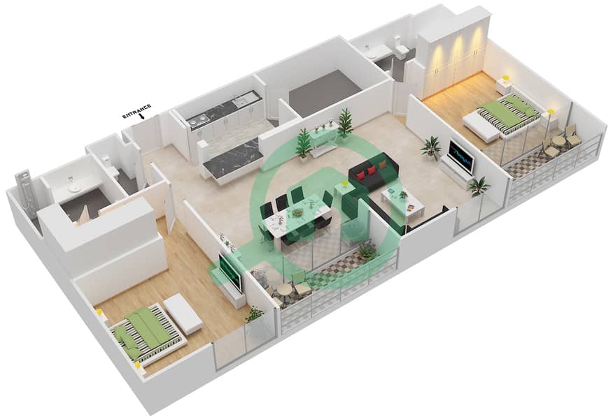 画廊公寓 - 2 卧室公寓单位109,209,309戶型图 image3D