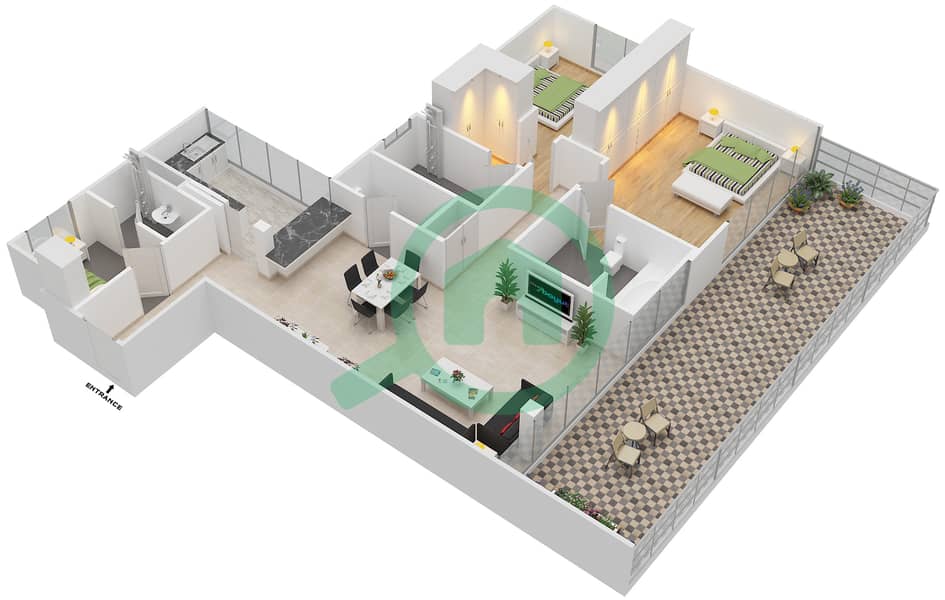 المخططات الطابقية لتصميم الوحدة 401 شقة 2 غرفة نوم - ذا غاليريز image3D