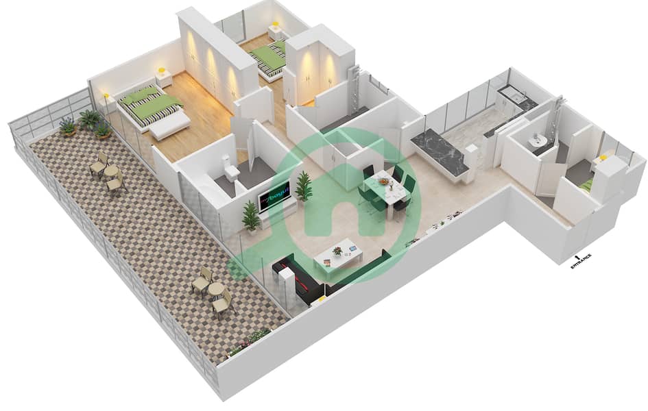 المخططات الطابقية لتصميم الوحدة 403 شقة 2 غرفة نوم - ذا غاليريز image3D