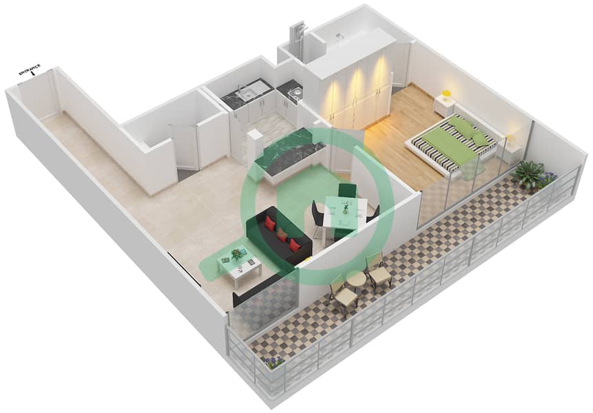 المخططات الطابقية لتصميم الوحدة 111,211,311 شقة 1 غرفة نوم - ذا غاليريز image3D