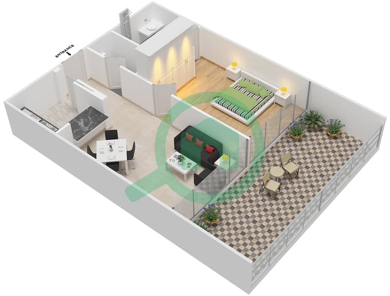 المخططات الطابقية لتصميم الوحدة 402 شقة 1 غرفة نوم - ذا غاليريز image3D