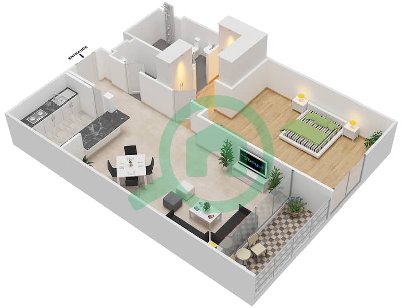 Галереи - Апартамент 1 Спальня планировка Единица измерения 102,202,302 image3D