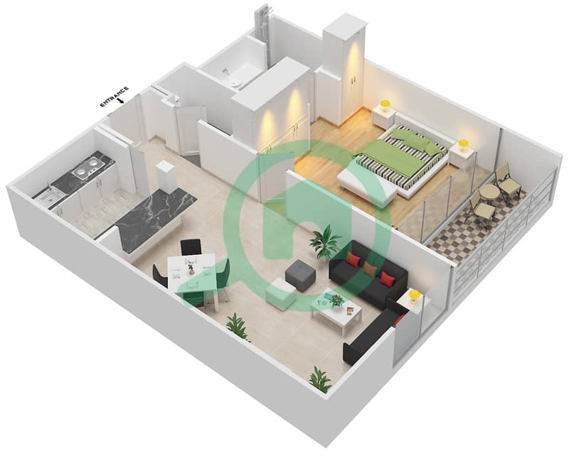 Галереи - Апартамент 1 Спальня планировка Единица измерения 108,208,308 image3D