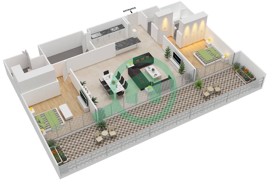 Галереи - Апартамент 2 Cпальни планировка Единица измерения 406 image3D
