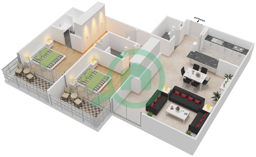Галереи - Апартамент 2 Cпальни планировка Единица измерения 104,204,304 image3D