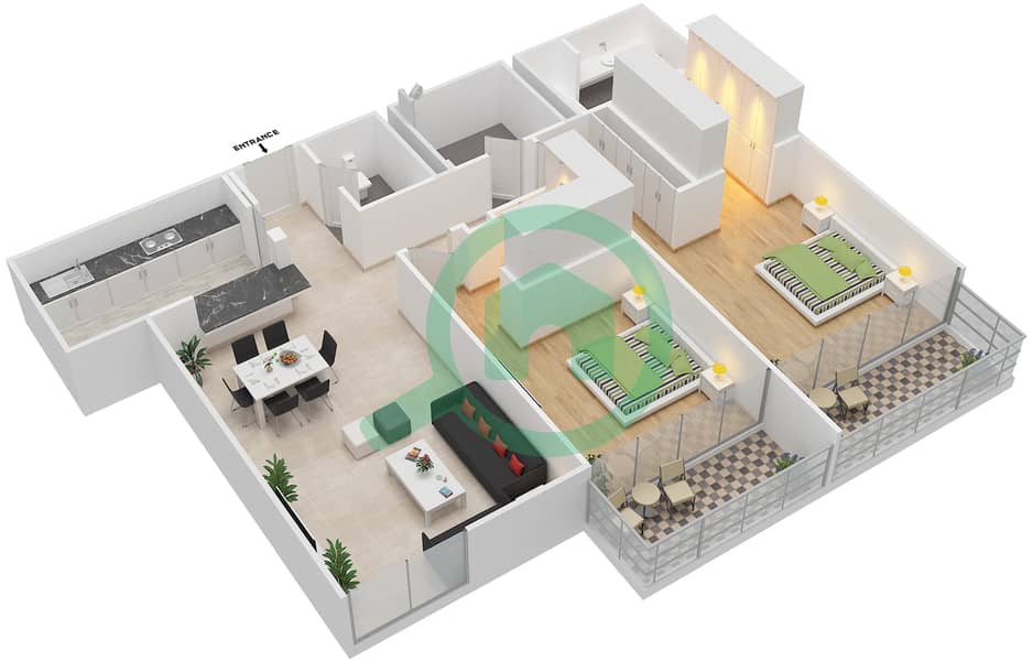 Галереи - Апартамент 2 Cпальни планировка Единица измерения 112,212,312 image3D