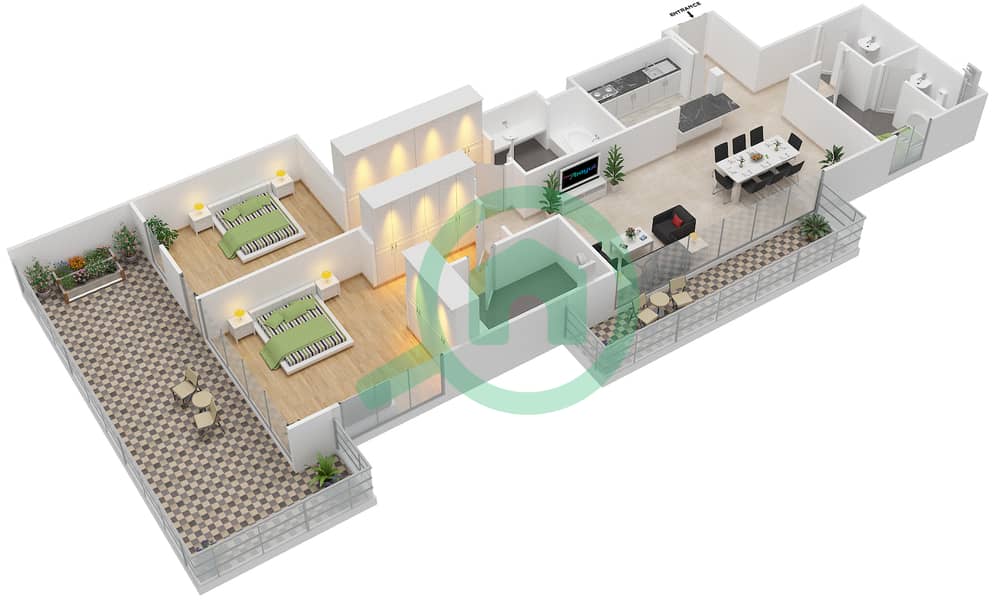 Галереи - Апартамент 2 Cпальни планировка Единица измерения 404 image3D