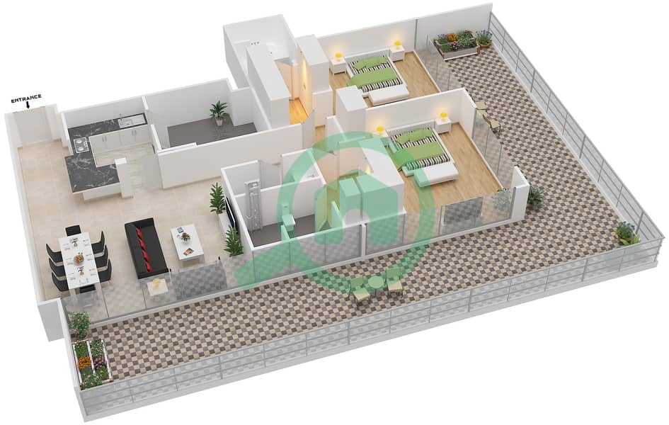 Галереи - Апартамент 2 Cпальни планировка Единица измерения 405 image3D