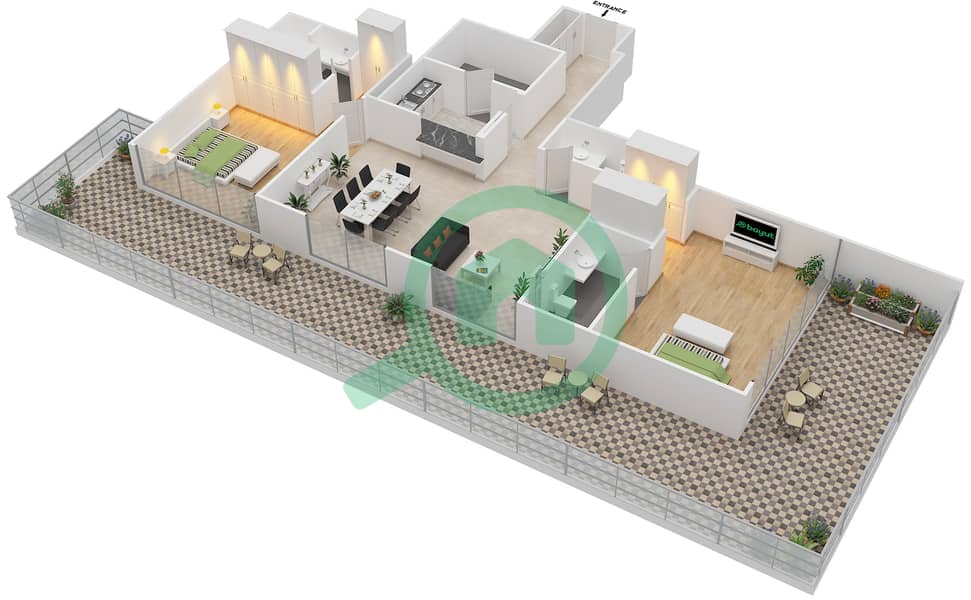 Галереи - Апартамент 2 Cпальни планировка Единица измерения 408 image3D