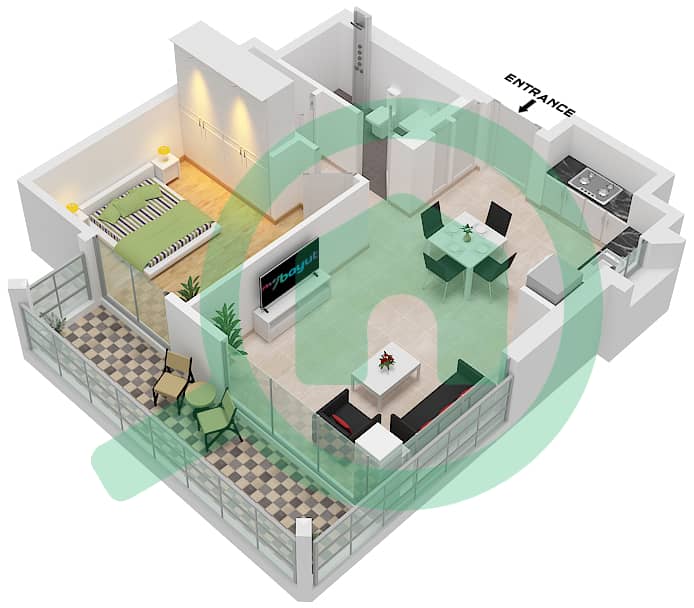 المخططات الطابقية لتصميم الوحدة 2 FLOOR 2-6 شقة 1 غرفة نوم - بناية غروف 5 Unit 2 Floor 2-6 interactive3D
