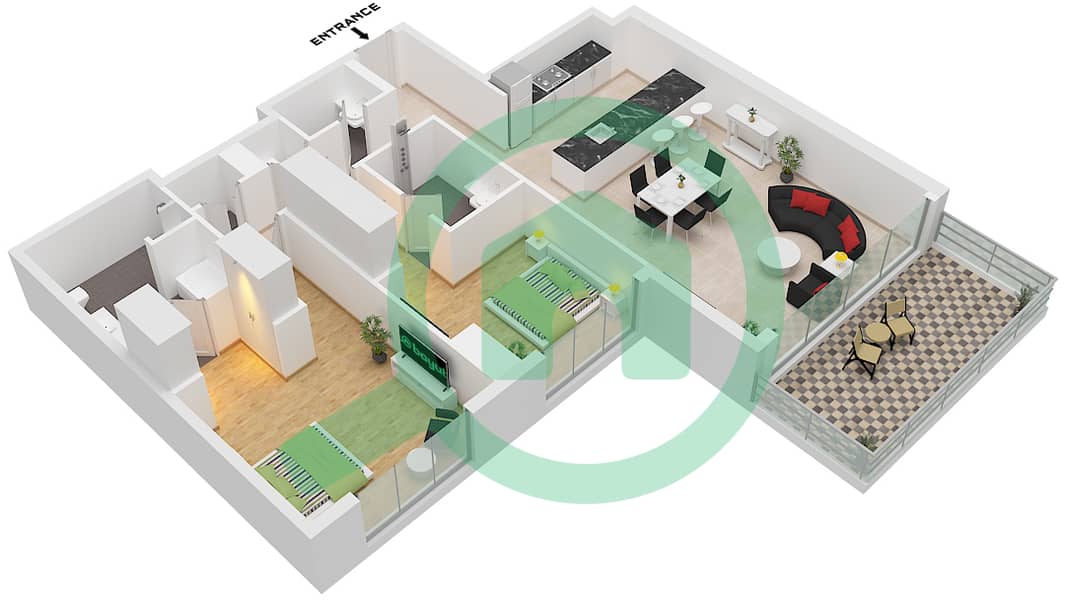 المخططات الطابقية لتصميم النموذج 2B-B شقة 2 غرفة نوم - كمبينسكي ريزيدنس ذا كريك Type 2B-B interactive3D