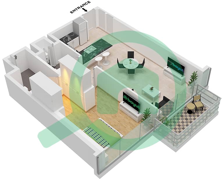 المخططات الطابقية لتصميم النموذج / الوحدة C شقة 1 غرفة نوم - البيت العلوي الشرقي Type C interactive3D