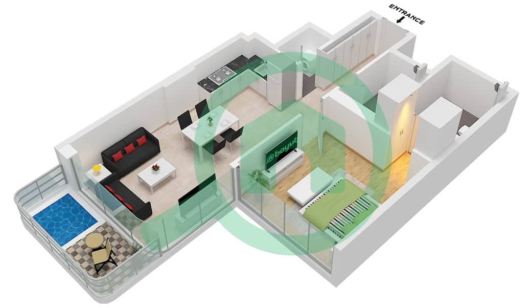 المخططات الطابقية لتصميم النموذج A شقة 1 غرفة نوم - بوندز أفينيو ريزيدنسز Type A interactive3D