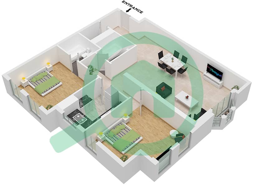 Силикон Гейтс 1 - Апартамент 2 Cпальни планировка Тип B1 Type B1 interactive3D