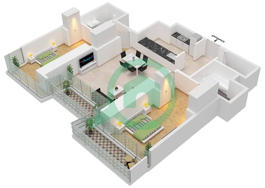 ДАМАК Хайтс - Апартамент 2 Cпальни планировка Единица измерения 6 FLOOR 9 Unit 6 Floor 9 interactive3D